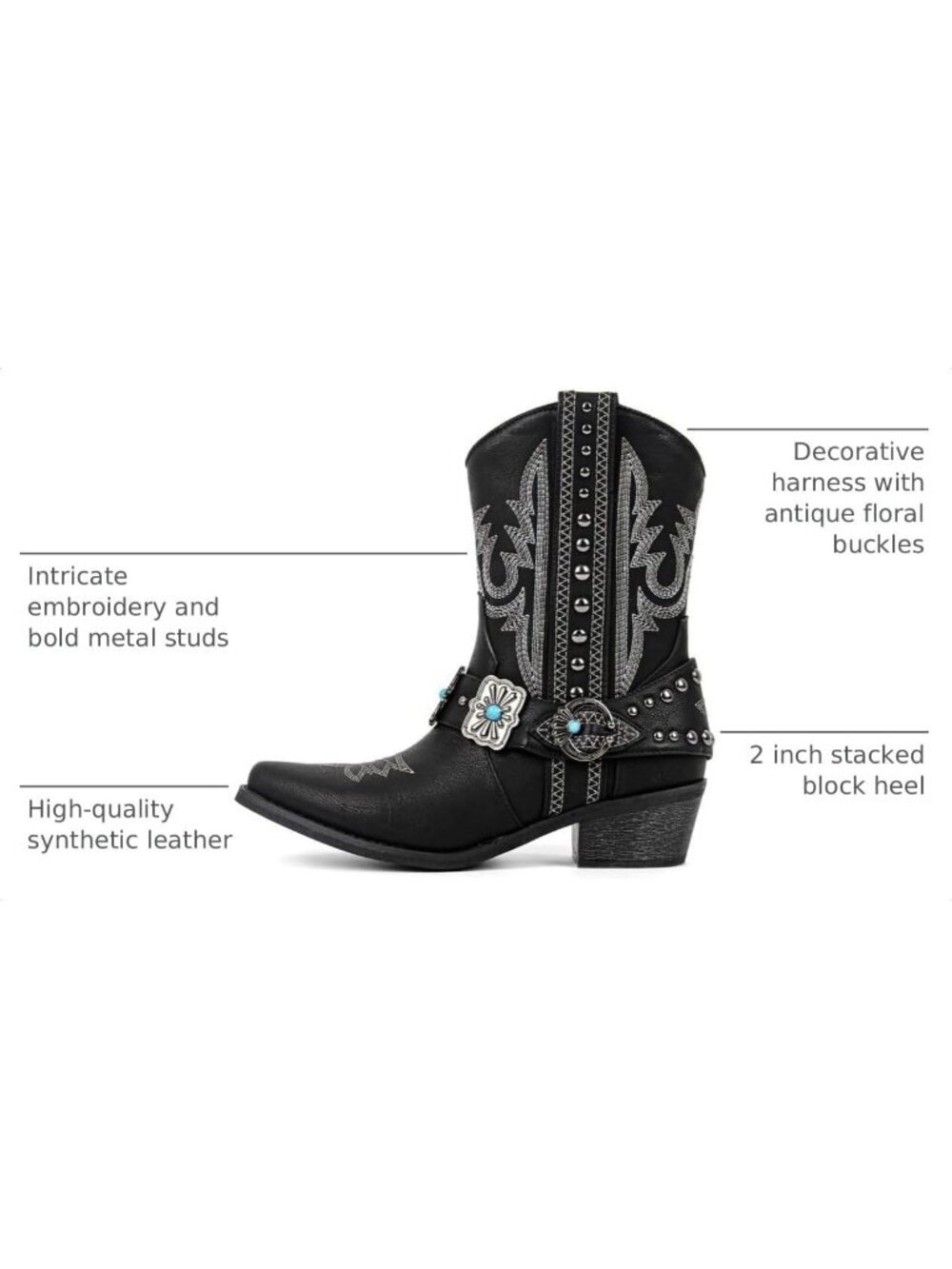 Women's Black Ankle High Block Heel Pointed Toe Cowboy Rodeo Concert Boot